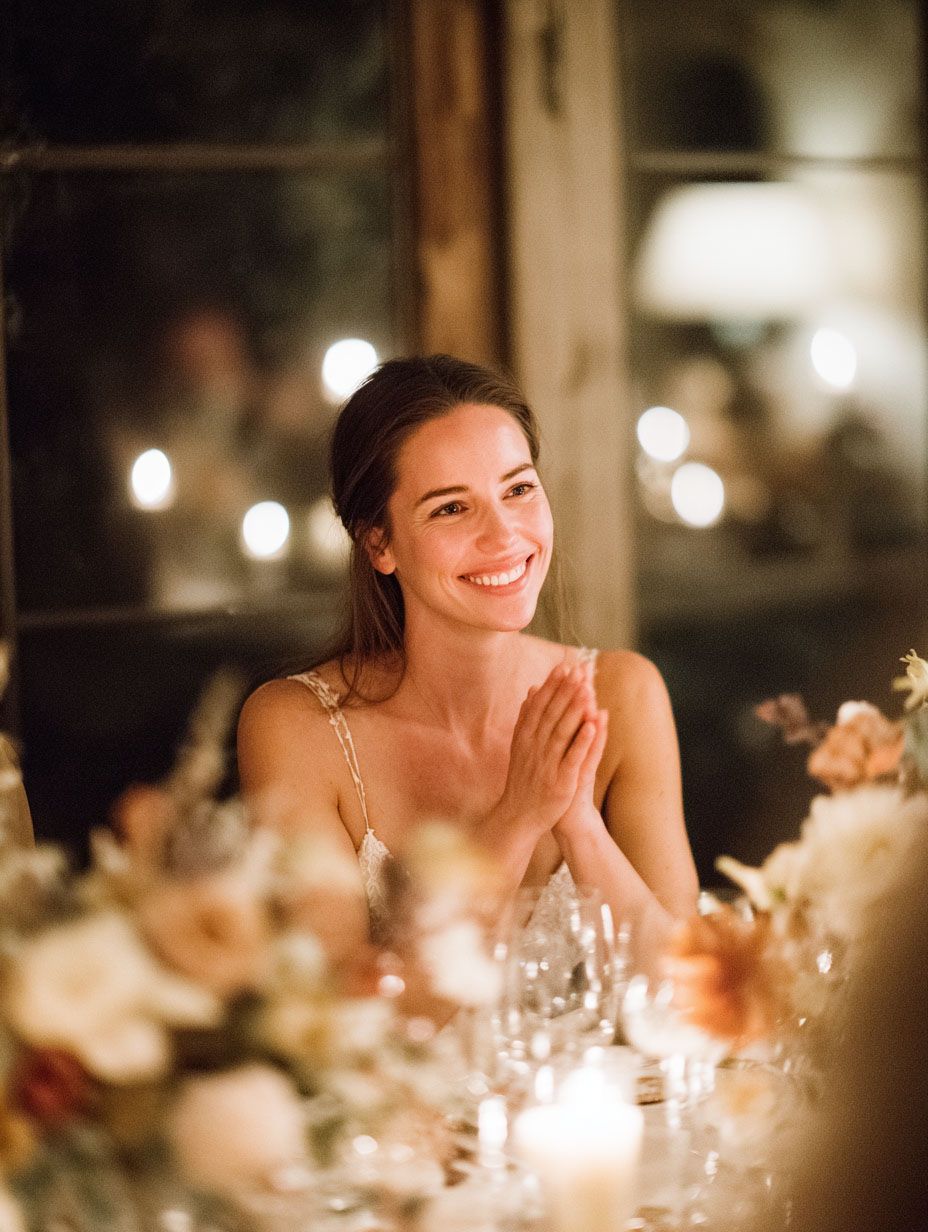Bride laughing and clapping in candid joy during an intimate Michigan luxury wedding reception - editorial portrait by wedding photographer and storyteller Mae Muzzy