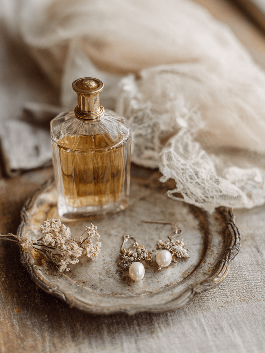 Gold and pearl bridal earrings on an antique silver tray, editorial detail
