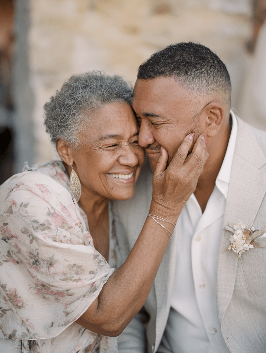 Mother of the groom holding his face tenderly before the ceremony, Michigan luxury wedding moment