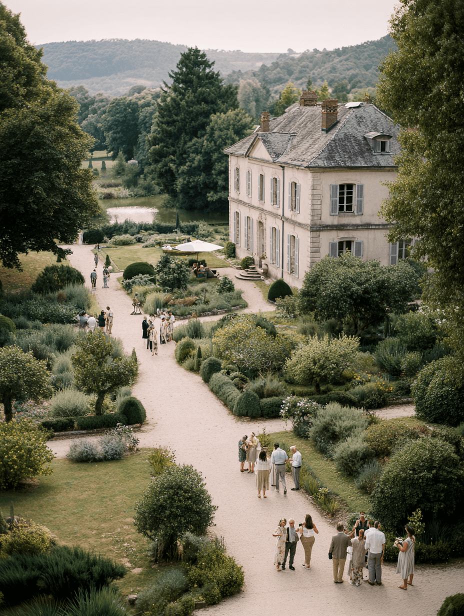 Elevated view of château gardens with guests mingling, luxury wedding photography