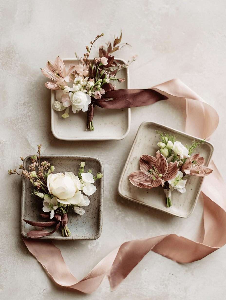 Floral boutonnières arranged on a handmade ceramic tray, luxury wedding florals