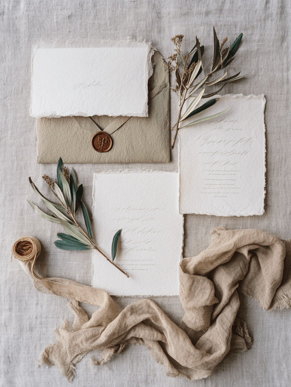 Invitation suite with wax seal on handmade paper, luxury wedding stationery
