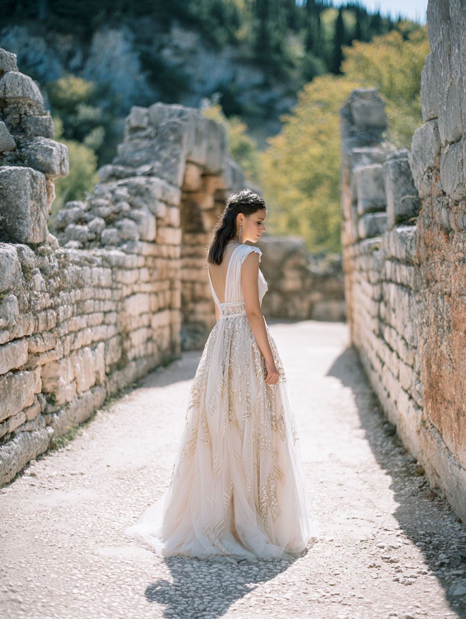 an elegant luxury wedding photo of a bride in her gown posing between two stone walls at a destination wedding in Greece.
