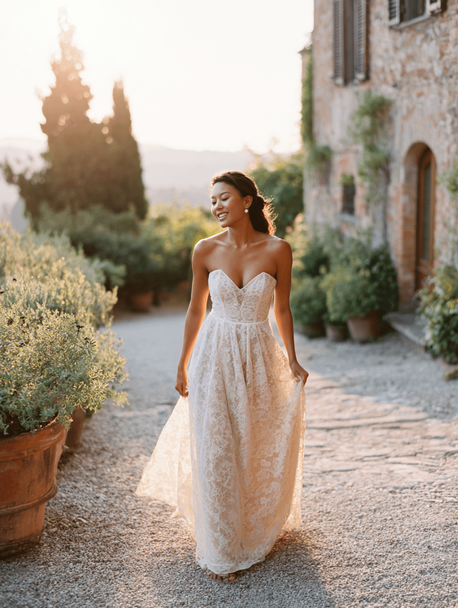 Bride in couture lace gown walking through a Tuscan-inspired garden, Michigan Luxury Weddings editorial