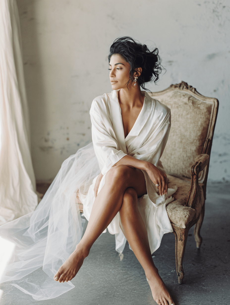 Bride seated on an antique chair in a silk robe with veil pooling to the floor, Michigan Luxury Weddings portrait
