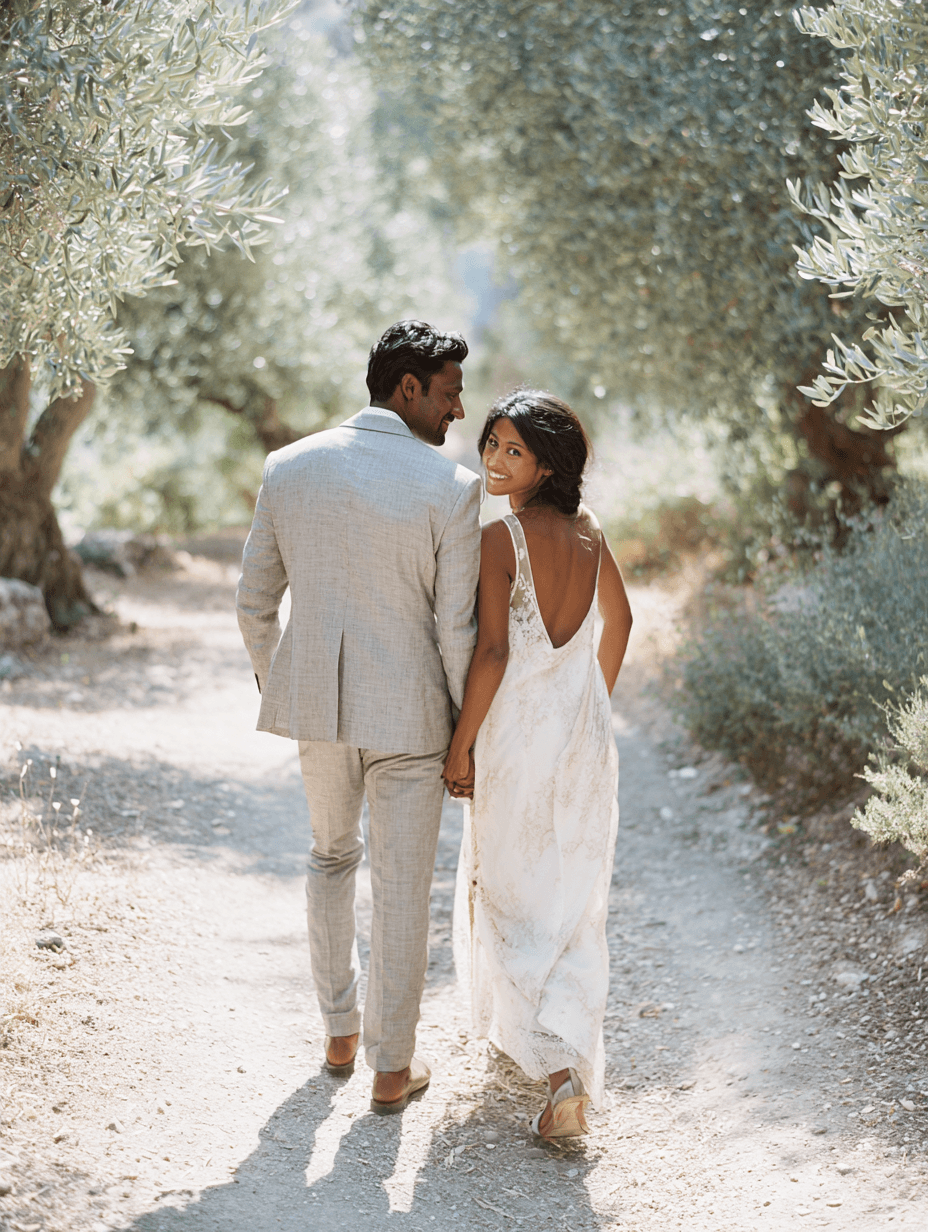 Couple walking together through a sunlit olive grove, Michigan luxury wedding