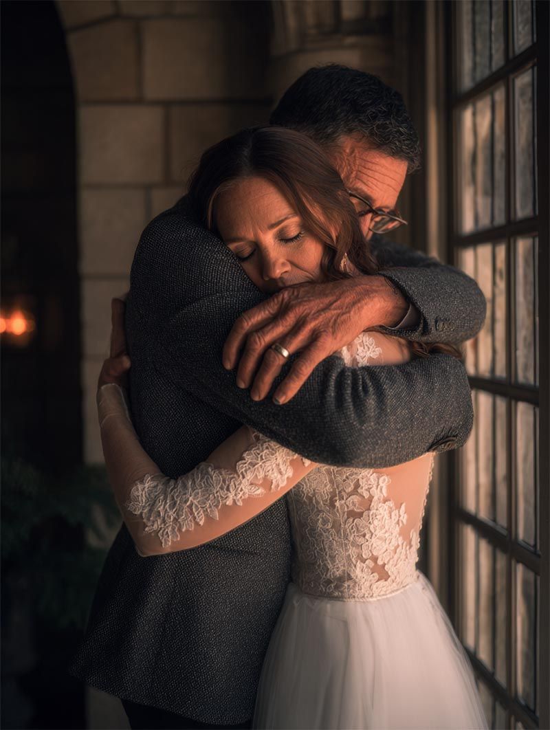 Father and daughter hugging at a luxury wedding venue