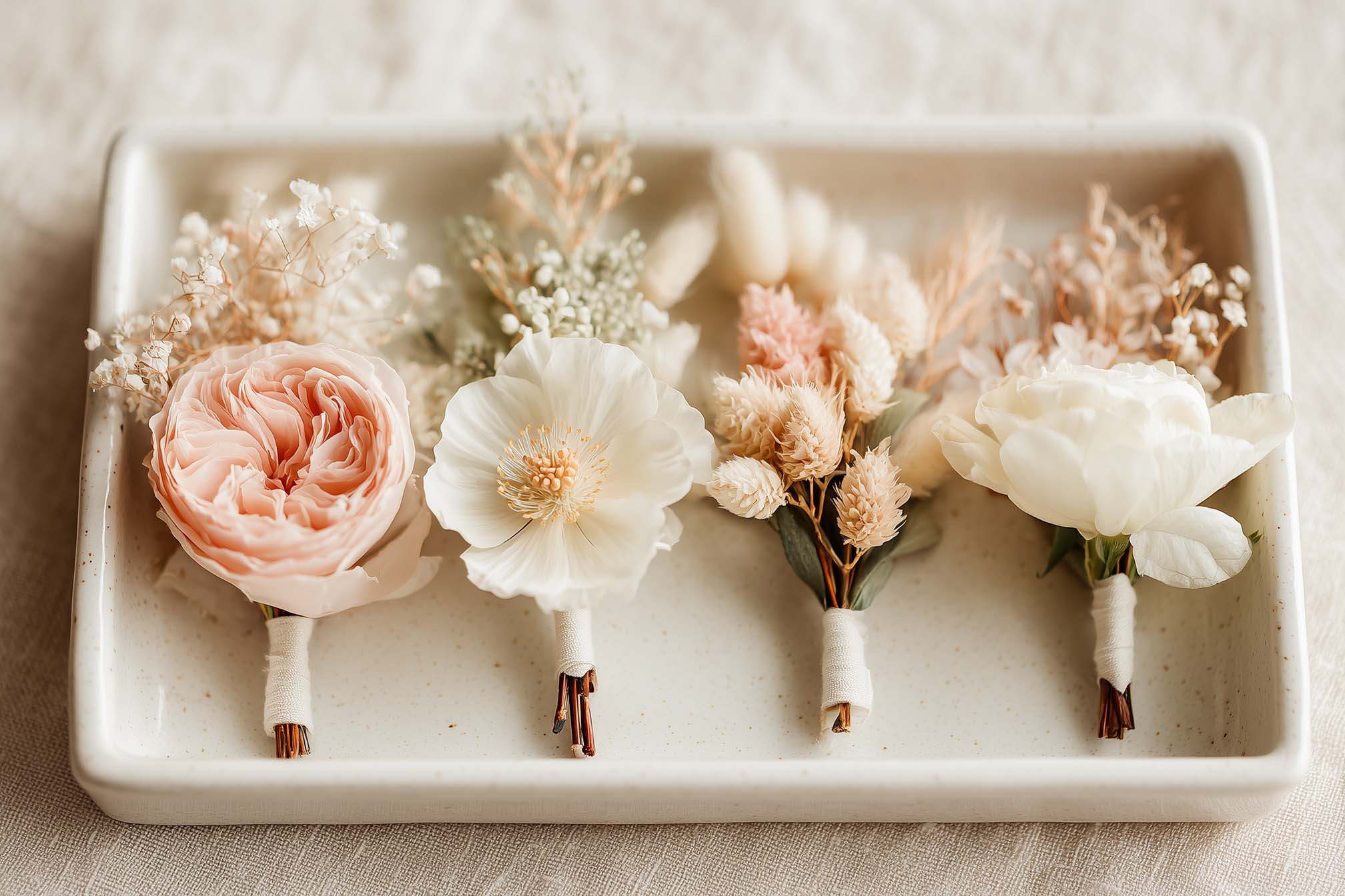 Garden rose boutonnières on artisan ceramic trays, Michigan luxury wedding florals