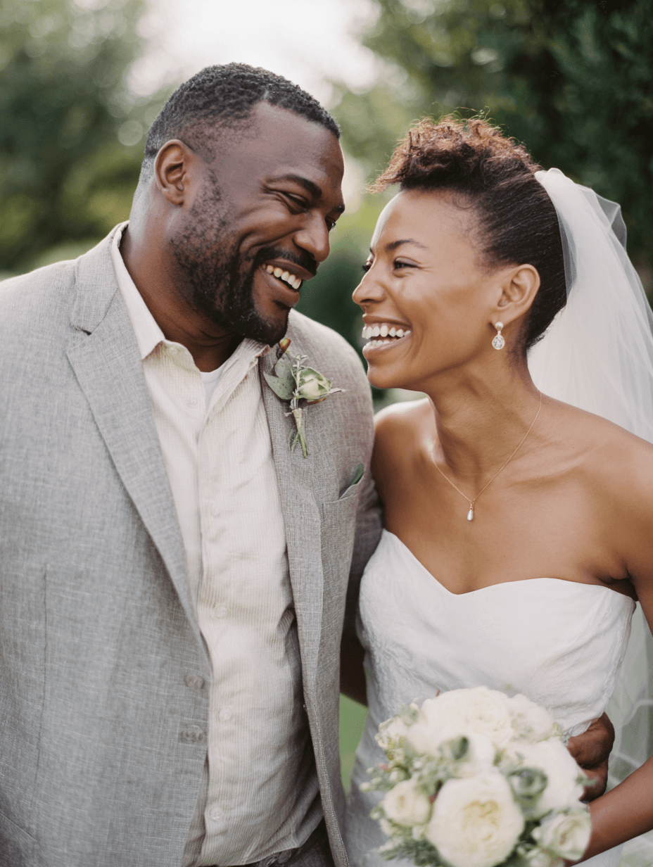Bride and groom laughing together in a sun-dappled garden, candid Michigan luxury wedding moment