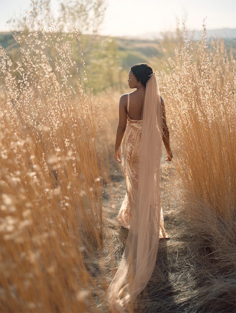 Bride walking through golden prairie grass at sunset, fine art Michigan wedding portrait