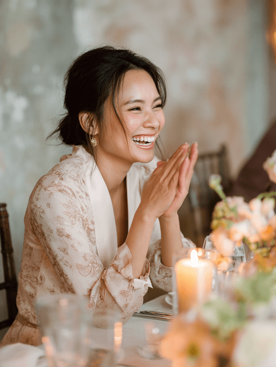 Bride clapping with laughter during an evening reception, candid wedding moment